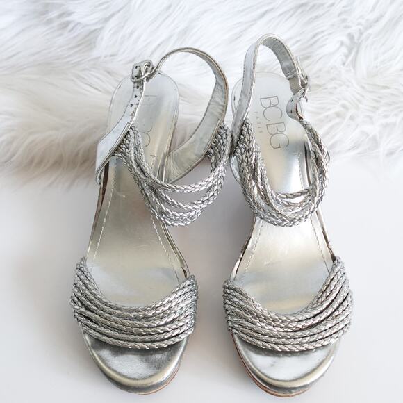 BCBG Paris Metallic Silver Faux Leather Woven Rope Strappy Cork Open Toe Wedges - Picture 4 of 15
